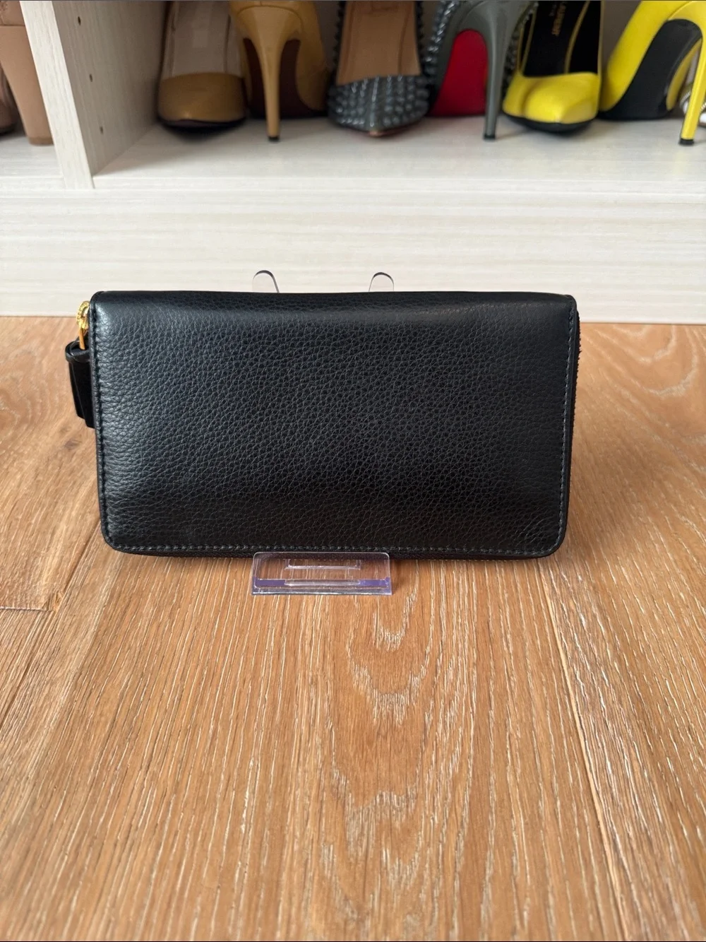 Tory Burch Black Leather Zip-Around Wallet with Gold Emblem